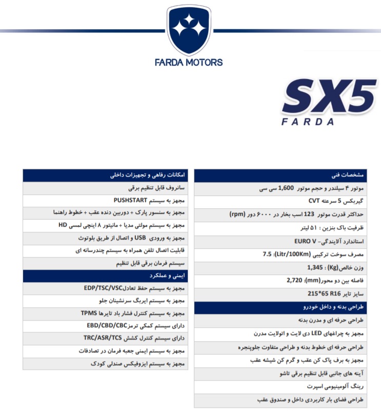 فردا SX5 ، محصول جدید گروه خودروسازی فردا 